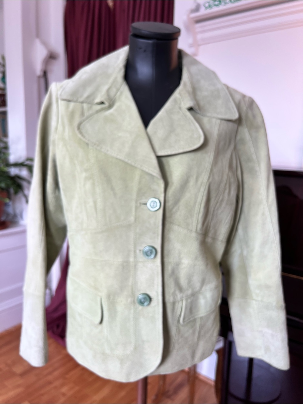Suede Button-Front Jacket in Light Green